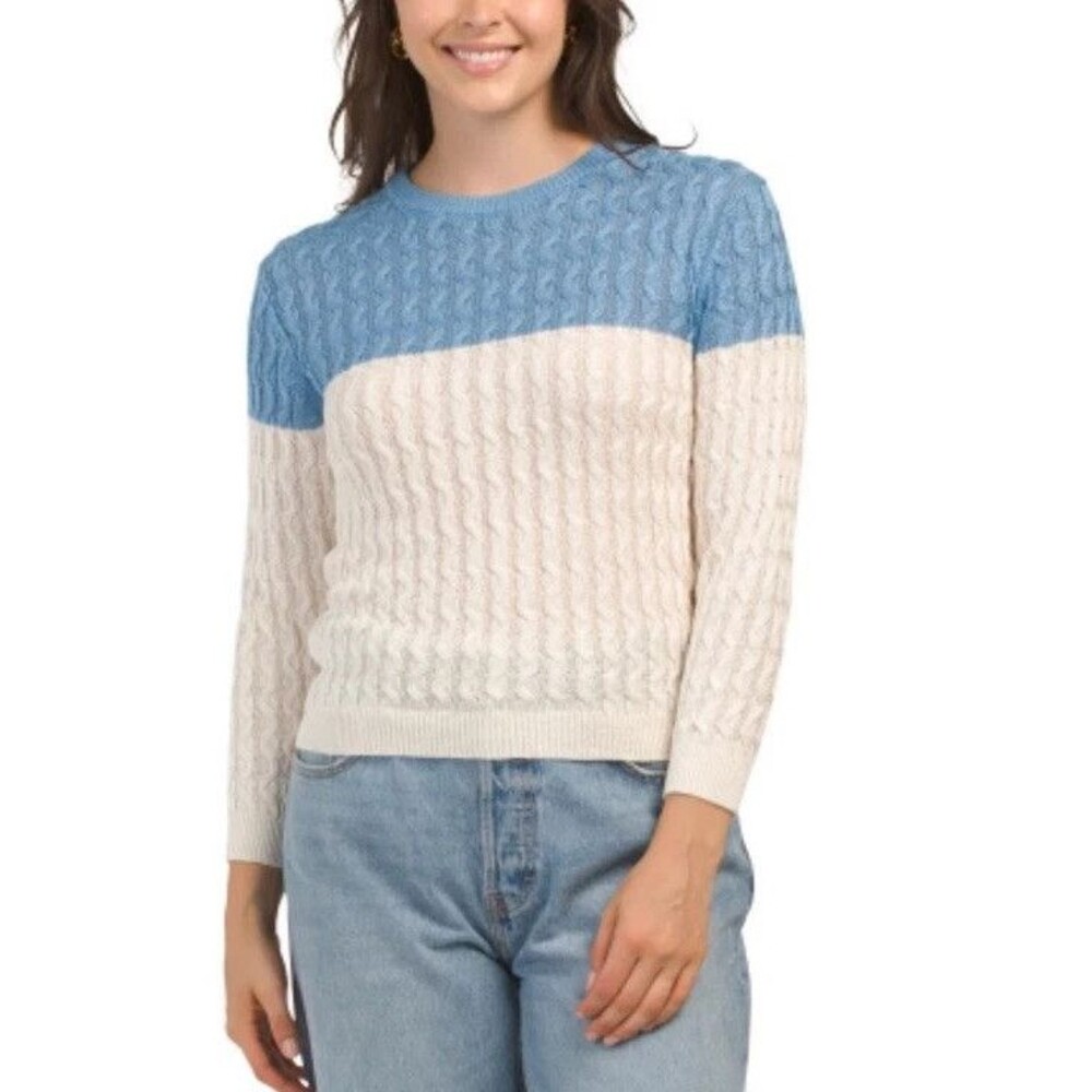 Theory women Blue Bone Colorblock Linen Knit Pullover Sweater size P (00-0) $325